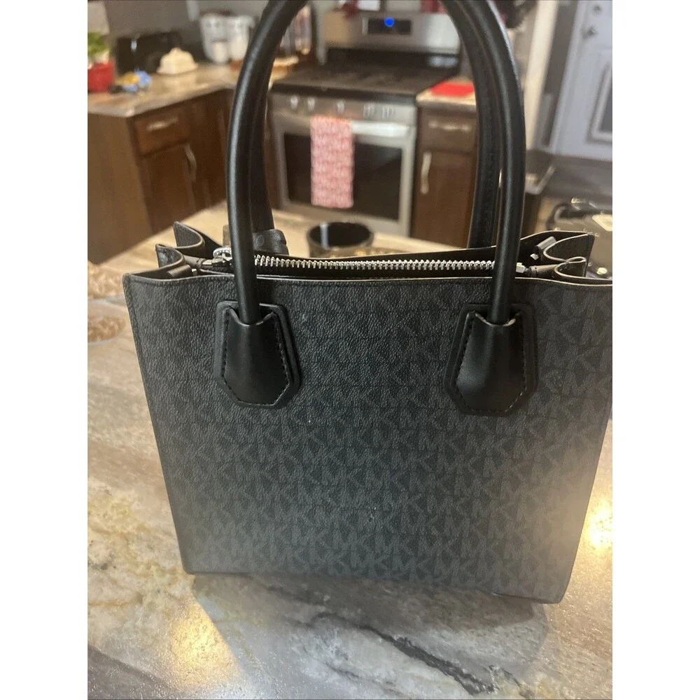 Michael Kors Mercer Medium Logo Zip Tote Black Signature MK Satchel Purse
